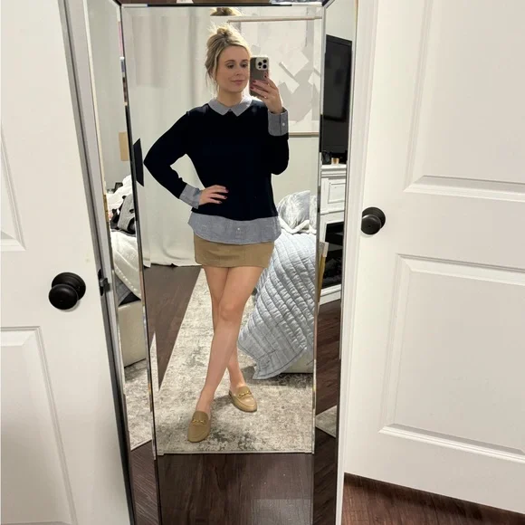 Navy Preppy Style Blouse / Attached Pin Stripe Sleeves & Collar - Picture 2 of 11